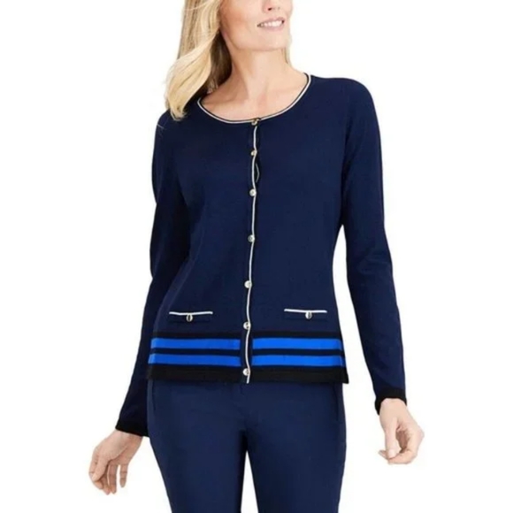 Karen Scott Navy and White Button Up Cardigan